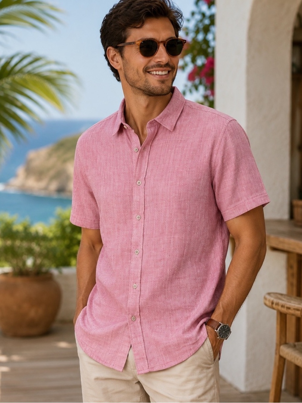 Report Collection Men’s Small Pink Textured Short Sleeve Resort Shirt
